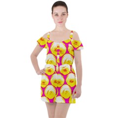 Pop Art Tennis Balls Ruffle Cut Out Chiffon Playsuit by essentialimage