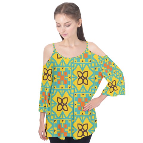 Flowers In Squares Pattern                                               Flutter Sleeve Tee by LalyLauraFLM