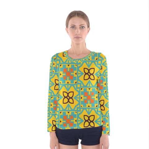 Flowers In Squares Pattern                                               Women Long Sleeve T-shirt by LalyLauraFLM