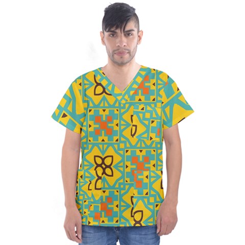 Flowers In Squares Pattern                                                Men s V-neck Scrub Top by LalyLauraFLM