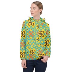 Flowers In Squares Pattern                                               Women Hooded Front Pocket Windbreaker