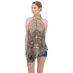 Illustrated Exhibitor Halter Asymmetric Satin Top