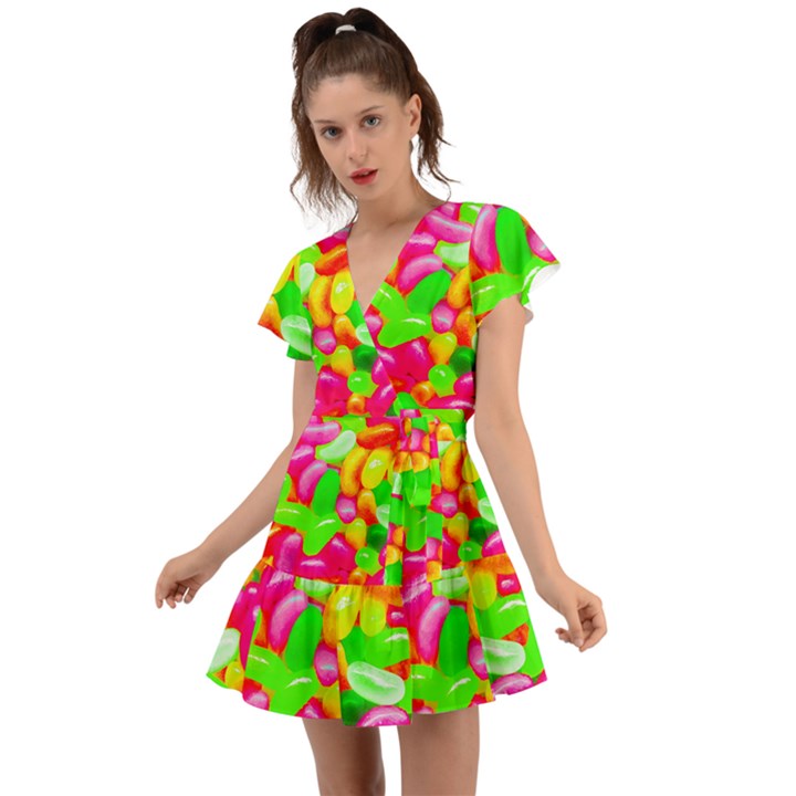 Vibrant Jelly Bean Candy Flutter Sleeve Wrap Dress