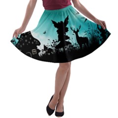 Litte Fairy With Deer In The Night A-line Skater Skirt by FantasyWorld7