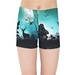 Litte Fairy With Deer In The Night Kids  Sports Shorts by FantasyWorld7