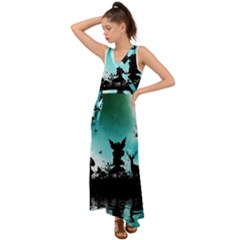 Litte Fairy With Deer In The Night V-neck Chiffon Maxi Dress by FantasyWorld7