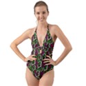 Green Fauna And Leaves In So Decorative Style Halter Cut-Out One Piece Swimsuit View1