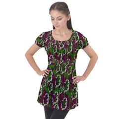 Green Fauna And Leaves In So Decorative Style Puff Sleeve Tunic Top by pepitasart