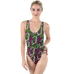 Green Fauna And Leaves In So Decorative Style High Leg Strappy Swimsuit by pepitasart