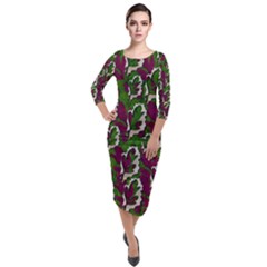 Green Fauna And Leaves In So Decorative Style Quarter Sleeve Midi Velour Bodycon Dress by pepitasart