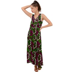 Green Fauna And Leaves In So Decorative Style V-neck Chiffon Maxi Dress by pepitasart