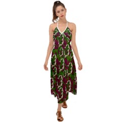 Green Fauna And Leaves In So Decorative Style Halter Tie Back Dress 