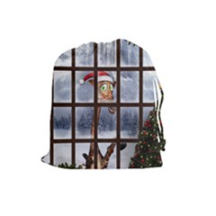 Funny Giraffe  With Christmas Hat Looks Through The Window Drawstring Pouch (large) by FantasyWorld7