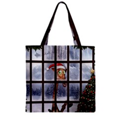 Funny Giraffe  With Christmas Hat Looks Through The Window Zipper Grocery Tote Bag by FantasyWorld7