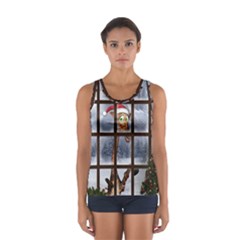 Funny Giraffe  With Christmas Hat Looks Through The Window Sport Tank Top  by FantasyWorld7