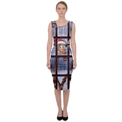 Funny Giraffe  With Christmas Hat Looks Through The Window Sleeveless Pencil Dress by FantasyWorld7