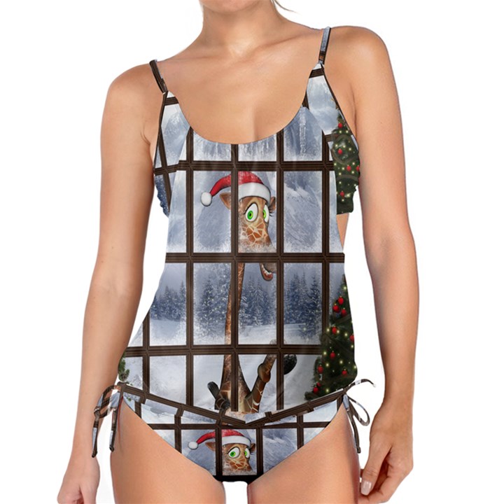 Funny Giraffe  With Christmas Hat Looks Through The Window Tankini Set