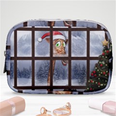 Funny Giraffe  With Christmas Hat Looks Through The Window Make Up Pouch (small) by FantasyWorld7