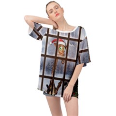 Funny Giraffe  With Christmas Hat Looks Through The Window Oversized Chiffon Top by FantasyWorld7