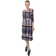 Funny Giraffe  With Christmas Hat Looks Through The Window Ruffle End Midi Chiffon Dress