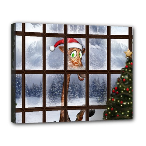 Funny Giraffe  With Christmas Hat Looks Through The Window Canvas 14  X 11  (stretched) by FantasyWorld7