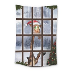 Funny Giraffe  With Christmas Hat Looks Through The Window Small Tapestry by FantasyWorld7