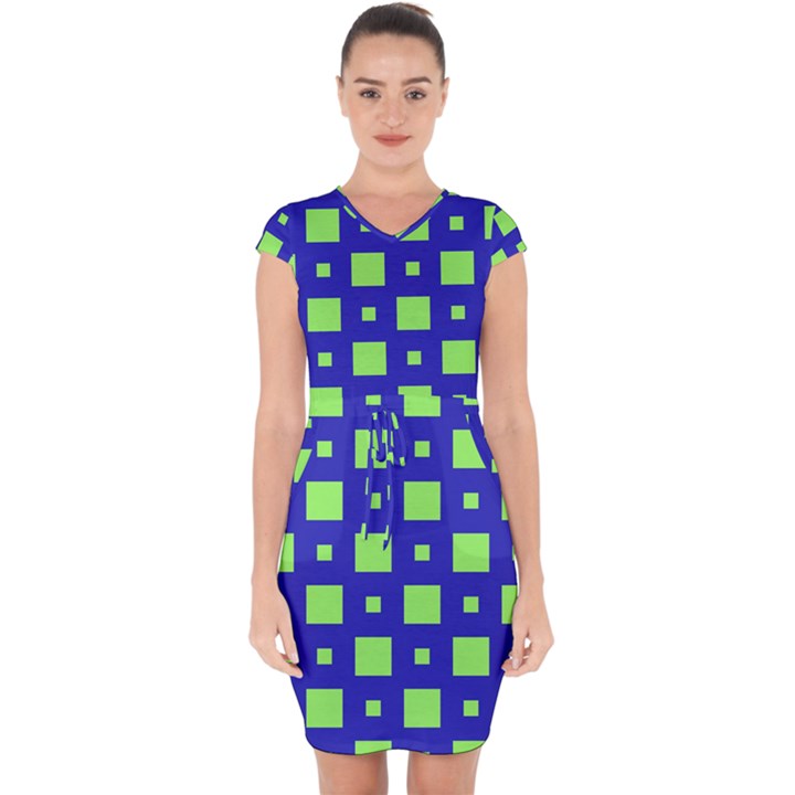 Squares Grid Seamless Capsleeve Drawstring Dress 