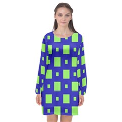 Squares Grid Seamless Long Sleeve Chiffon Shift Dress 