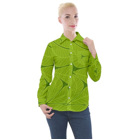 Pattern Leaves Walnut Nature Women s Long Sleeve Pocket Shirt by Vaneshart