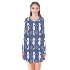 Seahorse Shell Pattern Long Sleeve V-neck Flare Dress by Vaneshart