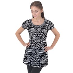 Grid Pattern Backdrop Puff Sleeve Tunic Top by Vaneshart