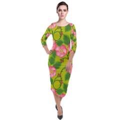 Roses Flowers Pattern Quarter Sleeve Midi Velour Bodycon Dress