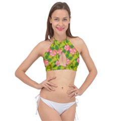 Roses Flowers Pattern Cross Front Halter Bikini Top