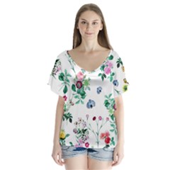 Leaves Green Aop V-neck Flutter Sleeve Top by Vaneshart