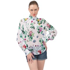 Leaves Green Aop High Neck Long Sleeve Chiffon Top by Vaneshart