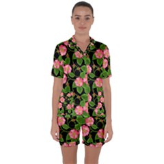 Roses Flowers Bud Satin Short Sleeve Pyjamas Set by Vaneshart