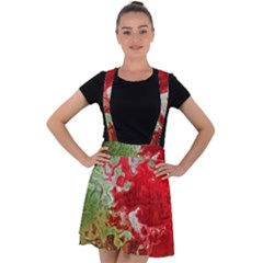 Abstract Stain Red Velvet Suspender Skater Skirt