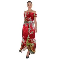 Abstract Stain Red Off Shoulder Open Front Chiffon Dress