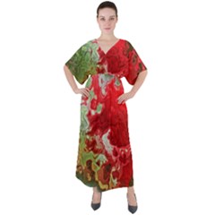 Abstract Stain Red V-neck Boho Style Maxi Dress