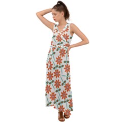 Vector Flower Floral V-Neck Chiffon Maxi Dress