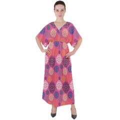 Abstract Seamless Pattern Graphic Pink V-neck Boho Style Maxi Dress