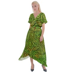 Background Abstract Green Cross Front Sharkbite Hem Maxi Dress