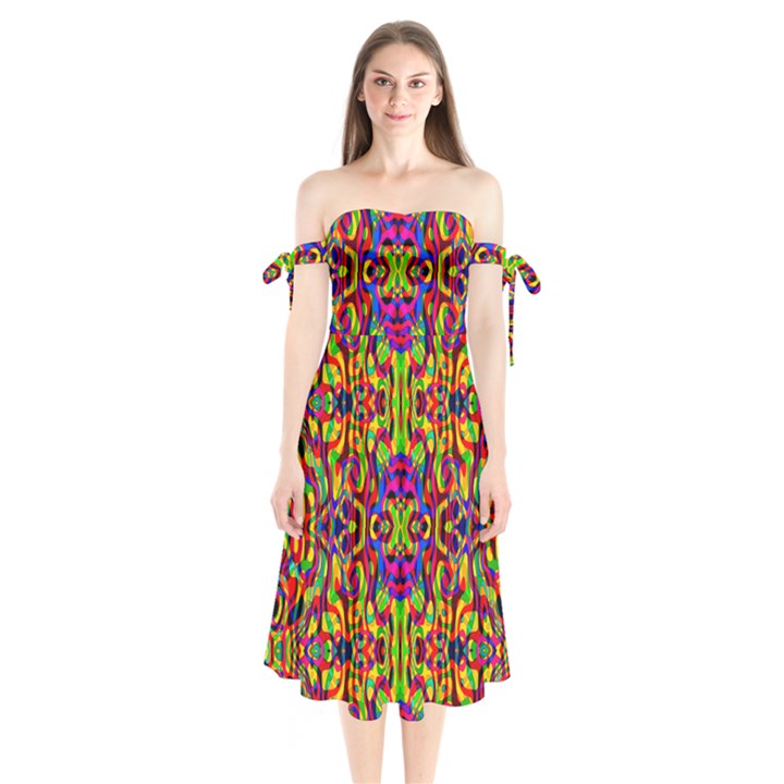 Abstract 35 Shoulder Tie Bardot Midi Dress