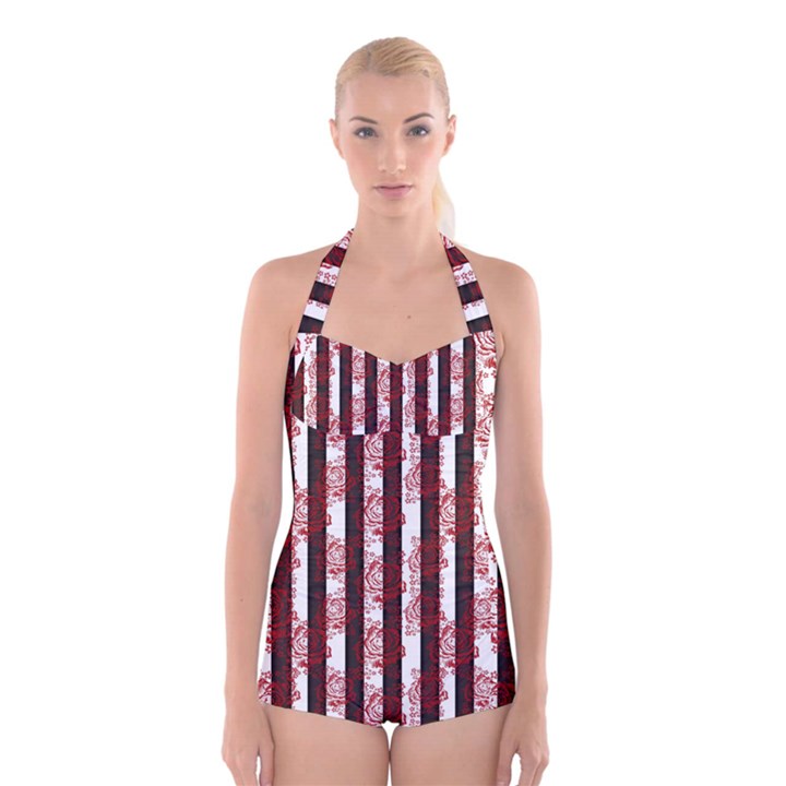 Striped Roses Pattern Boyleg Halter Swimsuit 