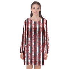 Striped Roses Pattern Long Sleeve Chiffon Shift Dress  by bloomingvinedesign