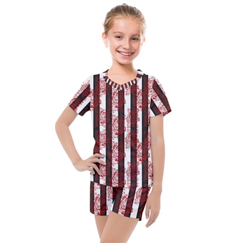 Striped Roses Pattern Kids  Mesh Tee And Shorts Set by bloomingvinedesign