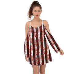 Striped Roses Pattern Kimono Sleeves Boho Dress