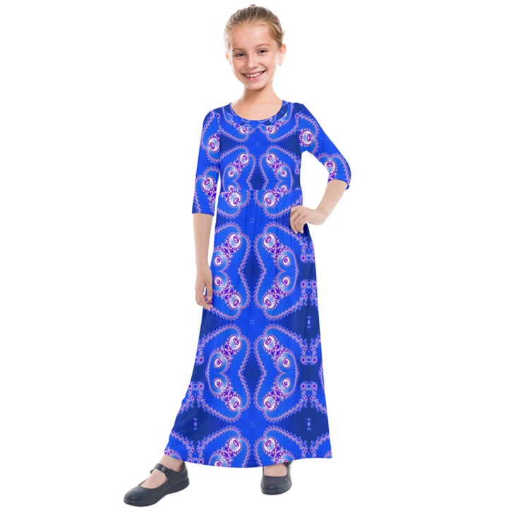 Seamless Fractal Blue Kids  Quarter Sleeve Maxi Dress