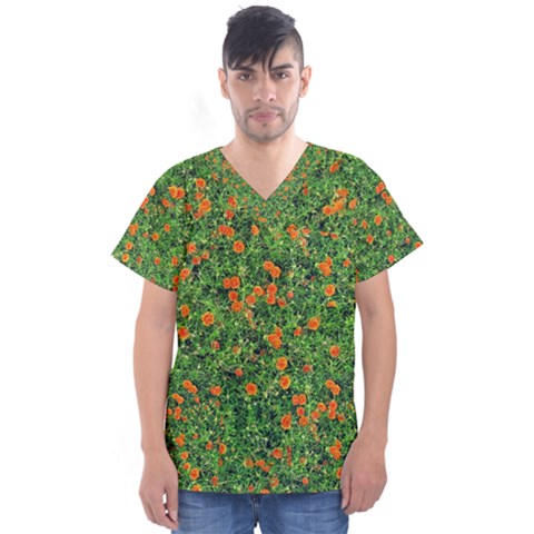 Carnations Flowers Seamless Men s V-neck Scrub Top by Vaneshart