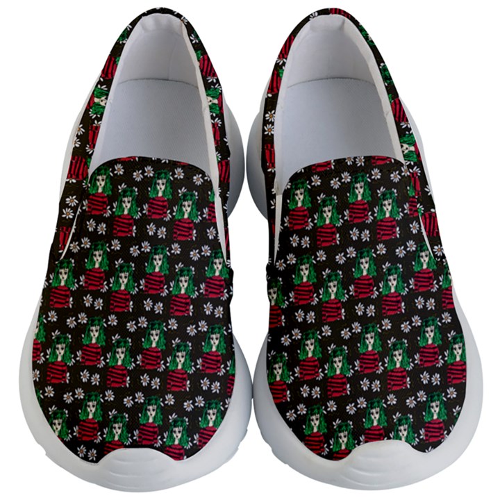 Girl With Green Hair Pattern Brown Floral Kids  Lightweight Slip Ons